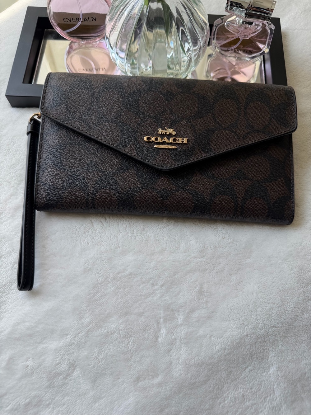 Coach Brown Signature Envelope Wristlet Clutch with Gold Logo